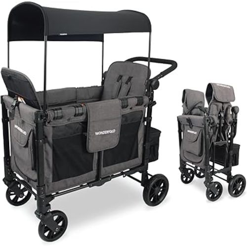 WONDERFOLD W2 Elite Stroller Wagon (2 Seater) - Collapsible Wagon Stroller with Seats with 5-Point Harnesses, Adjustable Push Handle, and Adjustable Sun Canopy, Elite Gray