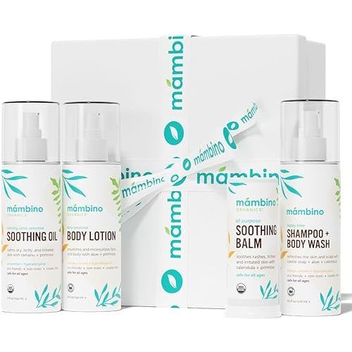 Mambino Organics Baby Arrival Essential Care Gift Set - New & Improved - Cruelty Free, Vegan & Non-GMO 4pc Set - Shampoo, Lotion, Soothing Oil & Balm - Best Gift for New Moms & Baby