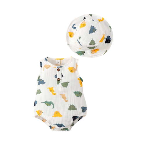 Infant Baby Boys Clothes 6 Months Boys One-piece Romper Bodysuit 9 Months Boys Sleeveless Round Neckline Dinosaur Print Romper Hat Set White