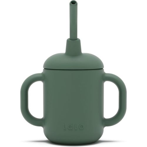 Lalo Little Cup, Non-Toxic Silicone Straw Cup with Handles - Baby and Toddler Sippy Cup - Mini Cup and Straw Training System, 4oz, Olive