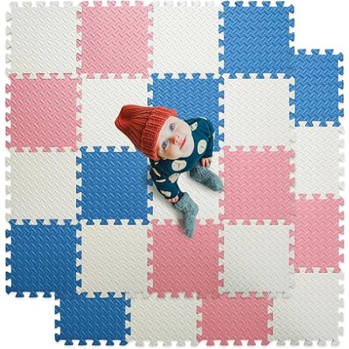 Foam Floor Mats for Kids, 12 x 12 Inch 16 Tiles 0.4" Thickness Foam Play Mat, Non-Toxic Square Interlocking Floor Mats Rubber Baby Play Mat for Toddlers(White/Gray Blue/Lori Pink)