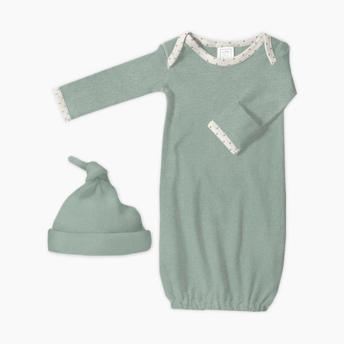 SwaddleDesigns Cotton Knit Long-sleeve Pajama Gown with Mitten Cuffs and Knotted Hat - Heathered Jadeite, 0-3 M