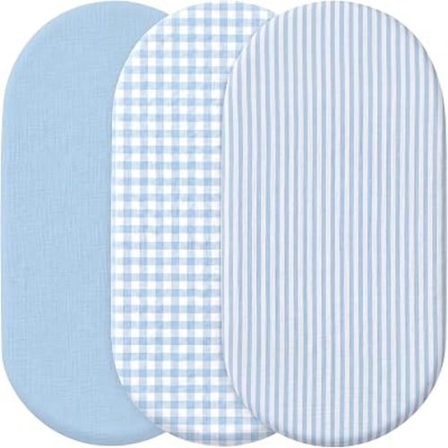 Peryiter Muslin Sheets for Girl Soft and Breathable 100% Cotton Baby Bed Sheets Fitted Coquette Bow Mattress Cover for Standard Mattress Size (Gingham and Stripes,Standard Bassinet,Blue)