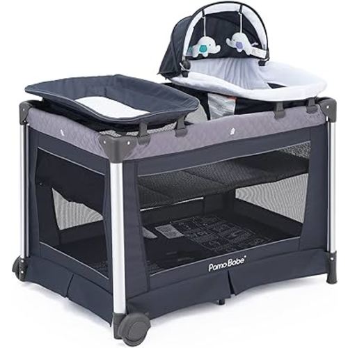 Pamo Babe Deluxe Baby Playard with Foldable Mattress, Large Changing Table, Detachable Childcare Center (Grey)