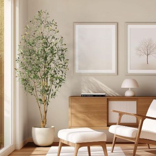 Faux Olive Tree 7FT, Fake Silk Plant for Living Room Decor, Indoor Fake Potted Tree with Green Leaves and Big Fruits