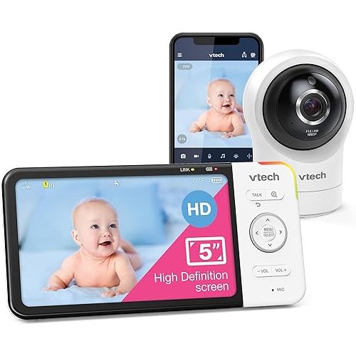 VTech RM5764HD 1080p Smart WiFi Remote Access Baby Monitor, 360° Pan & Tilt, 5" 720p HD Display, HD Night Vision, Soothing Sounds, 2-Way Talk, Temperature Sensor, Motion Detection, iOS & Android