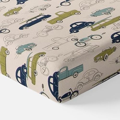Cotton Baby Fitted Crib Sheet Vintage Retro Cars Trucks Motorcycles Racing Automobiles Boys Girls Nursery Blue and Green