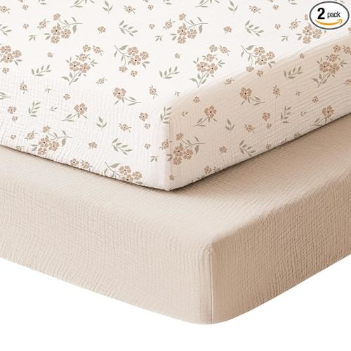 Konssy Muslin Pack N Play Fitted Sheets, 2 Pack, Color: Blossom, Cream