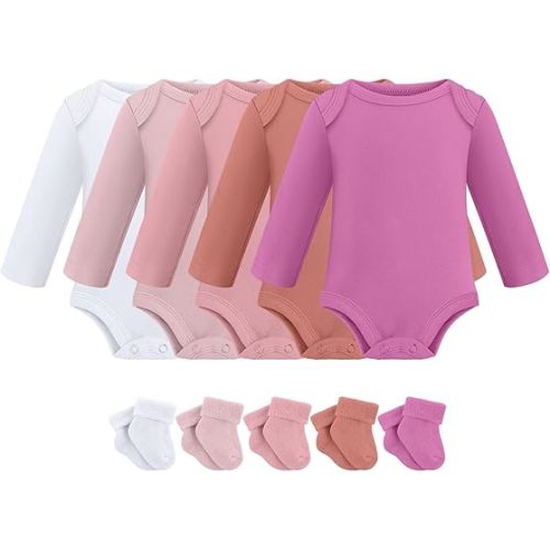 5 Pack Preemie Long Sleeve Bodysuit Preemie Layette Set Bodysuit Socks Set for Boys Girls NICU Gift