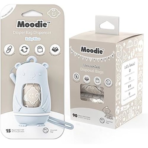 Moodie Teddy Bear Diaper Bag Dispenser w/Silicon Strap (BABY BLUE) & 6 Refill Roll PACK (UNSCENTED - 105 Bags TOTAL) | Diaper Bag Essential Items