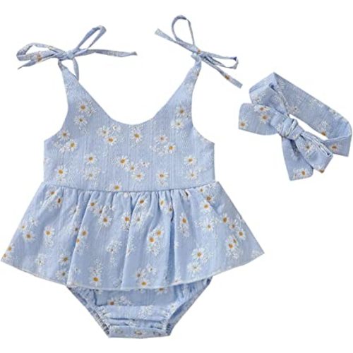 Baby Girls Daisy Playsuits Bodysuit+Headband Print Halter Romper Floral Jumpsuit Infant Summer Clothes