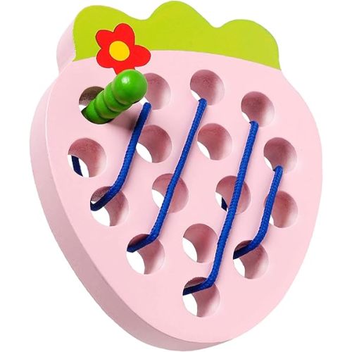 Wooden Lacing Toys for Toddlers, Baby Toys Strawberry Threading Toys Learning Fine Motor Skills,Montessori Sensory Educational Toys Wooden Block Puzzle Travel Toys for 1 2 3 Years Old Baby Boys Girls
