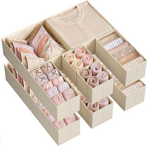 SONGMICS Drawer Organizer, Dresser Drawer Organizers, Set of 12, Foldable Fabric Storage Bins for Socks, Underwear, Bras, Ties, Scarves, Sand Beige URDZ006Y02