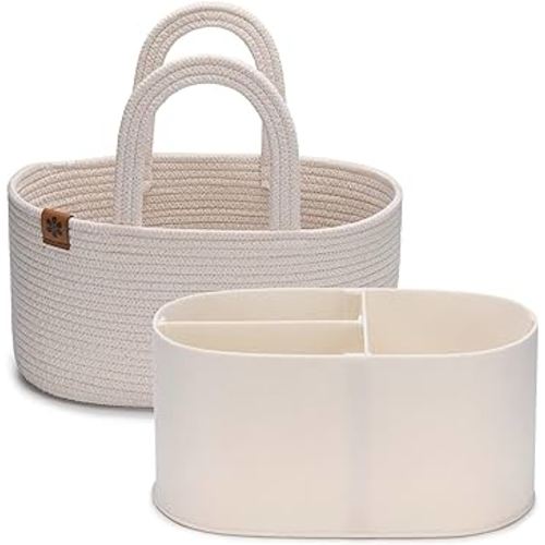 PeraBella 2-in-1 Baby Diaper Caddy Organizer for Changing Table, Cotton Rope Diaper Basket for Boy, Girl, Gift for Baby Shower, Nursery Diaper Organizer, Portable Diaper Storage,Car Caddy Organizer
