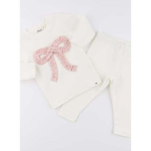 Ruffle Knit Baby Pink Bow Appl L/S 2pc Set, Cream - Oh Baby! | Maisonette