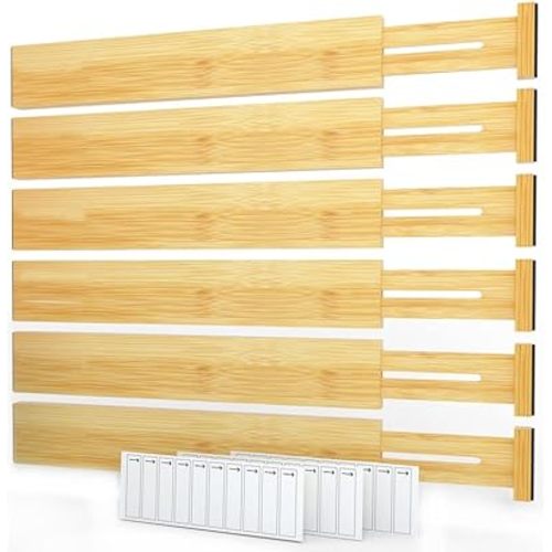 SpaceAid Bamboo Drawer Dividers with Labels, Kitchen Adjustable Drawer Organizers, Expandable Organization for Home, Office, Dressers and Bathroom, 6 Dividers (17-22 in)