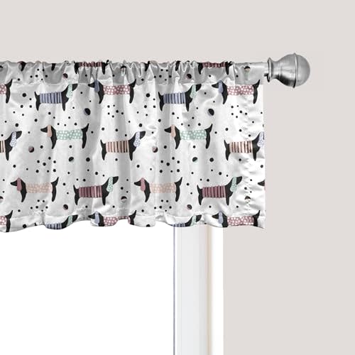 Ambesonne Dog Window Valance, Hand Drawn Dachshund Silhouettes on Monochrome Dotted Background Theme Image, Curtain Valance for Kitchen Bedroom Decor with Rod Pocket, 54" X 12", Black Multicolor