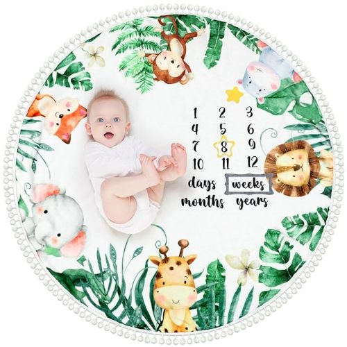 Peryiter Baby Monthly Milestone Blanket 43.3" x 43.3" Safari Jungle Animals Leaf Newborn Play Mat Flannel Round Baby Blankets with Growth Chart Pompom Ball for Boy Girl Nursery Decor Props Shower Gift