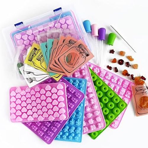 Silicone Gummy Bear Molds 32PCS, Non-stick Chocolate Candy Mold 18 Shapes for 327 Candies, With 4 Droppers, Clean Brush, Storage Box, 20 Wrappers, Including Dinosaur Mini Donut Fruit Animals Shaped