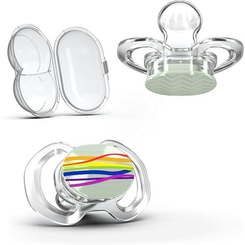 Smilo Baby Pacifier - 2 Pack of Slimline Pacifiers for Babies with Sterilization Box - Stage 2 for Babies 3-9 Months - 100% Silicone Newborn Pacifiers BPA Free - Glow in The Dark