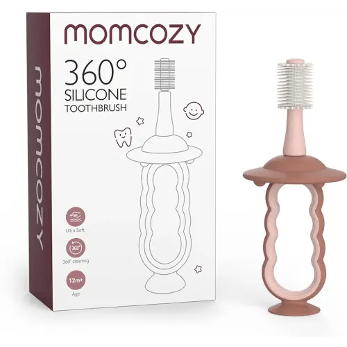 Momcozy Baby Toothbrush, 360° Toothbrush for Infant, Ultrasoft Toddler Toothbrush with Suction Base, Baby Oral Cleaner, Baby Tongue Cleaner, Pink