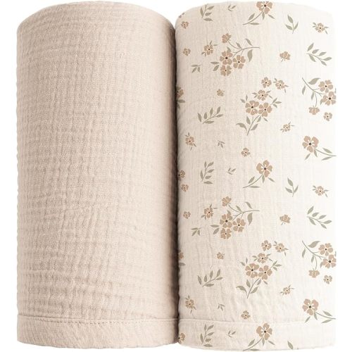 Konssy Muslin Swaddle Blankets for Boys Girls, 2 Pack Receiving Baby Blanket Large 47 x 47 inches, Soft Breathable Swaddling Wrap for Unisex Newborn (Blossom,Cream)
