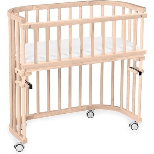 Maxi Extra Large Side Bed Made of Solid Beech Wood/Children's Bed Height Fully Adjustable & Environmentally Friendly/with Mattress, Grid, Wheels (Natural Untreated)