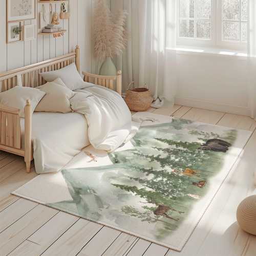 Mountain nursery & kids bedroom area rug, Forest animal nursery rug, kids bedroom carpet, Green Mountain nursery rug, Mountain nursery decor