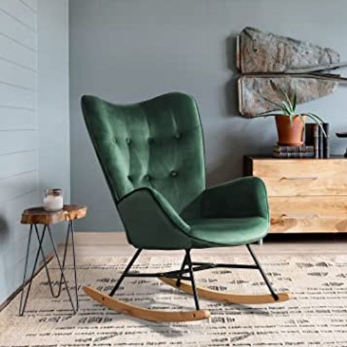 FurnitureR Rocking Wooden and Metal Rocker Glider, Scandinavian Fabric Armchair Comfy Side Living Room Bedroom Studio Leisure Office Accent Chair, Green