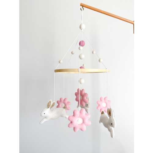 Handmade Bunny Felt Mobile, Flower Nursery Crib Decor