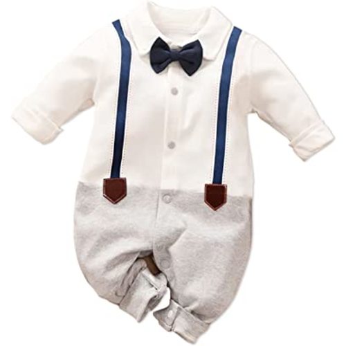 PATPAT Baby Boys Gentleman Romper with Bow Tie Newborn Infant Jumpsuit Baby Formal Outfits Clothes 0-18 Months