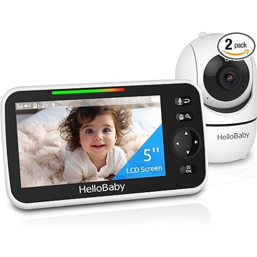 HelloBaby Upgrade Monitor, 5''Sreen with 30-Hour Battery, Pan-Tilt-Zoom Video Baby Monitor with Camera and Audio, Night Vision, VOX, 2-Way Talk, 8 Lullabies and 1000ft Range No WiFi, Ideal Gifts - HB6550pro