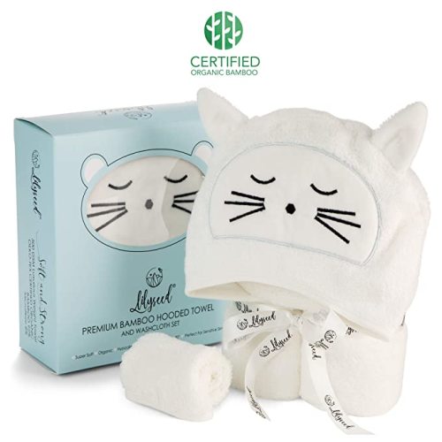 Organic Bamboo Baby Hooded Towel Set- Ultra Soft Hooded Towel for Baby & Toddlers - Cute Cat Baby Hooded Towel for Baby Girl, Boys - Organic Baby Towel & Washcloth- Large Toddler Towel-Lilyseed