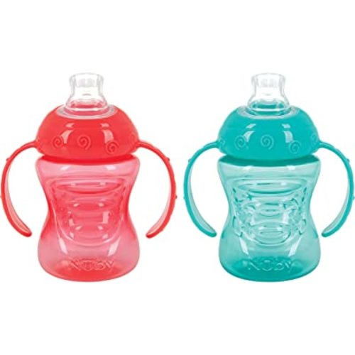 Nuby Plastic 2-Pack Two-Handle No-Spill Super Spout Grip N' Sip Cups, 8oz, Coral and Aqua