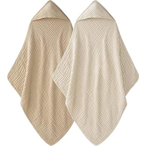 Hooded Baby Towels for Newborn - 2 Pack, 100% Muslin Cotton, Baby Bath Towels with Hood, Soft and Absorbent for Boys, Girls Infant, Toddler and Kids, Large 32x32 Inches, Newborn Essential