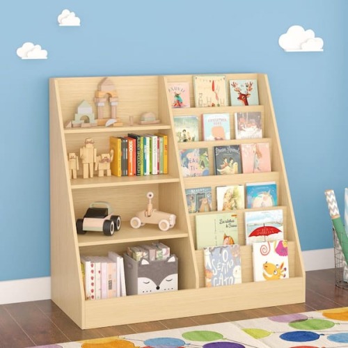 Noble House Polly 33.47 in. H Brown Wood Multifunctional 4-Tier Bookcase with Bookcase Display Stand, Natural 157655