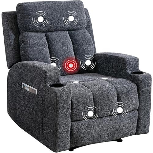 Phoenix Home Manual Recliner Chair with Massage and Heat Ergonomic Overstuffed Breathable Fabric Reclining Chair with 2 Side Pockets, 2 Cup Holders, Remote Control, Living Room, Bedroom,Dark Gray
