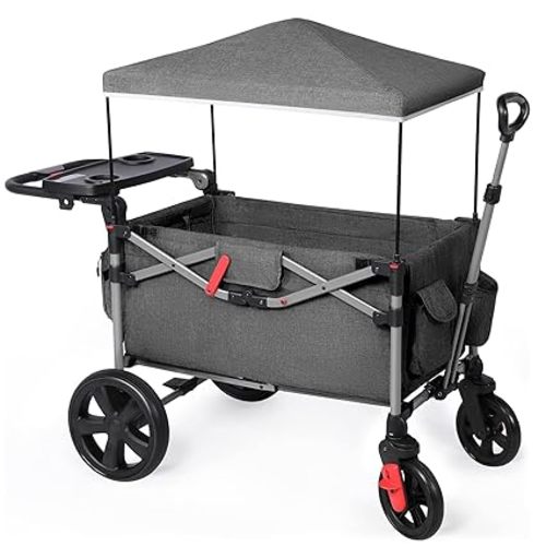 EVER ADVANCED Foldable Wagons for Two Kids & Cargo, Collapsible Folding Wagon Stroller with Adjustable Handle Bar,Removable Canopy with 5-Point Harness,Black