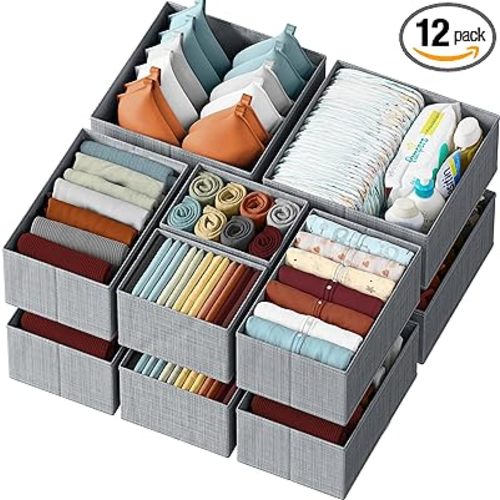 Drawer Organizer Clothes Set of 12 Grey - Dresser Organizer For Nursery, Bedroom, Closet - The Perfect Baby Clothes Organizer and Storage & General Nursery Organization or Dresser Drawer Organizers - 12 Baskets