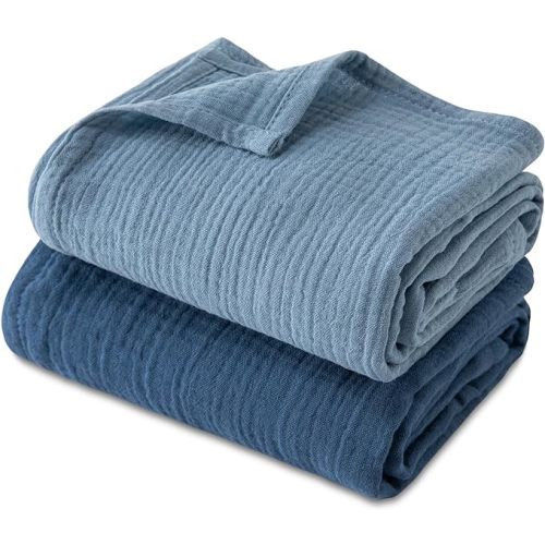 GLLQUEN BABY Muslin Swaddle Blankets, 2-Pack Neutral Receiving Blanket Swaddling for Newborn Boys and Girls, Breathable Swaddle Wrap for Infant, Baby Essentials, Registry & Gift - Light Blue & Dark Blue - B- 2 Pack