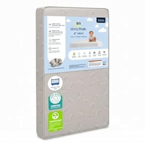 Delta Children Serta SleepTrue Mini Crib Mattress, Premium Sustainably Sourced Fiber Core, Hypoallergenic & Waterproof Cover, Greenguard Gold Certified - Made in USA, White