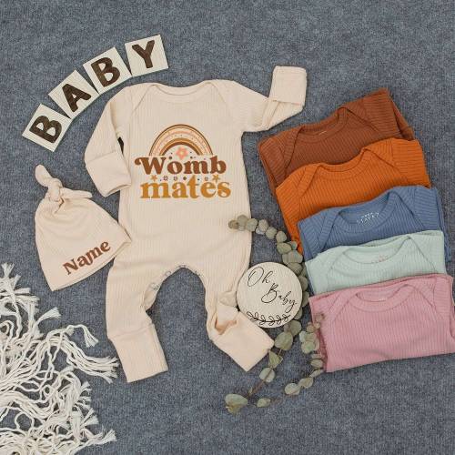 Womb mates Set Bodysuit And Hat, Cute Baby shirt, Custom Sleepsuit Outfit, Cute Newborn Outfit, Gift for Newborn, Funny twin kid tee,