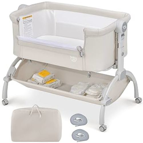 BABY JOY Baby Bassinet, 3-in-1 Rocking Bassinet w/Storage Basket, Double-Lock Design, 7 Adjustable Heights, Soft Mattress & Portable Travel Bag, Bassinet Bedside Sleeper for Newborns Infants (Beige)