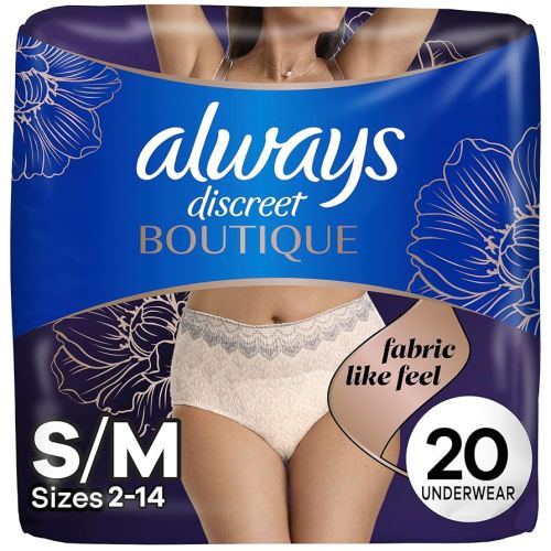 Always Discreet Boutique Incontinence and Postpartum Underwear for Women, Maximum Protection, S/M, Rosy, 20 Count (Packaging May Vary)