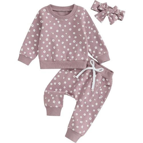 Mandizy Baby Girl Clothes Set Fall 3 6 9 12 18 24 Months Long Sleeve Sweatshirt & Floral Print Pants & Headband Outfits - 0-6 Months - Purple Floral