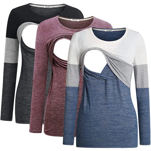 Bearsland Women's 3 Packs Maternity Clothes Long Sleeves Breastfeeding Shirts Nursing Top