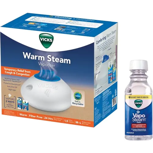 Vicks Warm Steam Vaporizer Bundle with 8 Oz VapoSteam Liquid Cough Suppressant, Helps Relieve Coughing, for Use in Vicks Vaporizers and Humidifiers