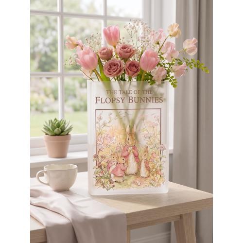 Storybook Bunny Girl Acrylic Book Vase, Whimsical Floral, Cottagecore Peter Rabbit Baby Shower Gift Nursery Decor, Kids Beatrix Potter