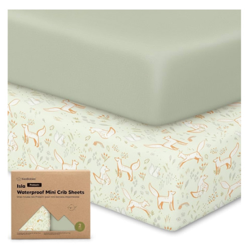 2-Pack Waterproof Pack and Play Sheets, Mini Crib Sheets Fitted for Boy, Girl - 38 x 26 Viscose from Bamboo Pack N Play Mattress Sheets for Graco, Toddler Playard Baby Crib Sheets Neutral (Foxtrot)