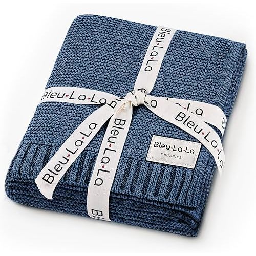 Organic Cotton Knit Receiving Swaddle Blanket for Boys - 100% Organic Soft Luxury Cotton Warm Cuddle Stroller Swaddling Crib Blanket for Newborns Infants Toddler (0-2Yrs - Denim Blue)